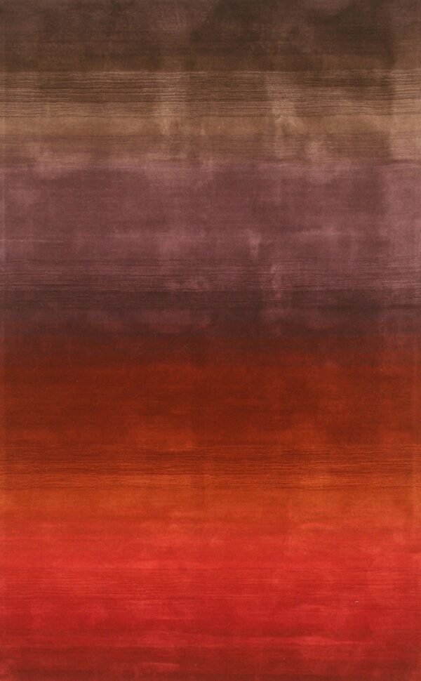 Low pile rug featuring a horizontal gradient that transitions from dark brown to deep rust and bright red.