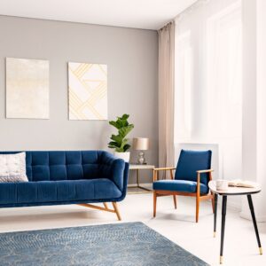 Textured blue rug with a light geometric pattern under a navy velvet sofa and wood armchair.