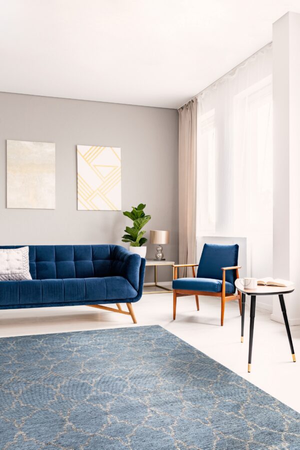 Textured blue rug with a light geometric pattern under a navy velvet sofa and wood armchair.