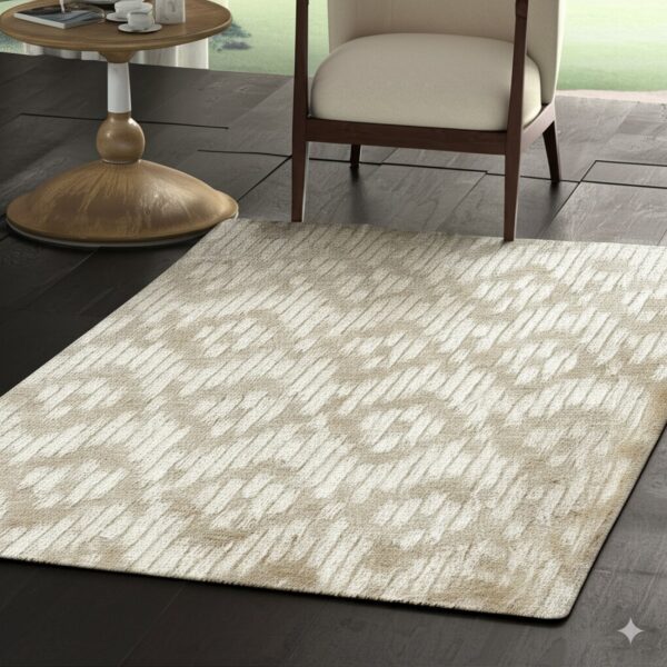 Low-pile beige rug with a textured, dashed abstract pattern anchors a cream chair on dark tile floors.