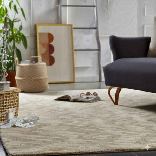 Light beige textured rug anchors a room with a dark chair, house plants, and abstract wall art.