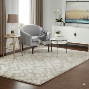 Beige and white patterned rug contrasts dark wood floors, flanking a modern gray chair and white cabinet.