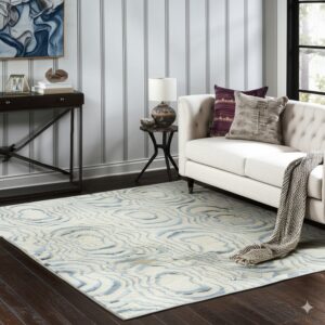 Cream and blue rug with an organic swirl pattern is placed beneath a white sofa on dark wood floors.