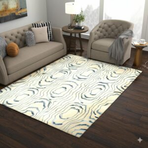 Cream rug with blue contour line pattern on dark wood floors between a sofa and armchair.