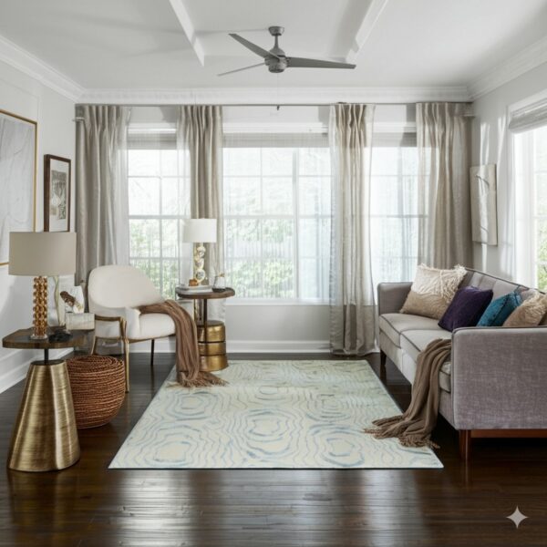 Light cream rug with blue abstract rings sits on dark hardwood in a bright living room seating area.