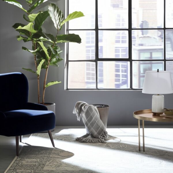 Light streams over a low-pile gray and cream patterned rug beside a navy chair and potted plant.