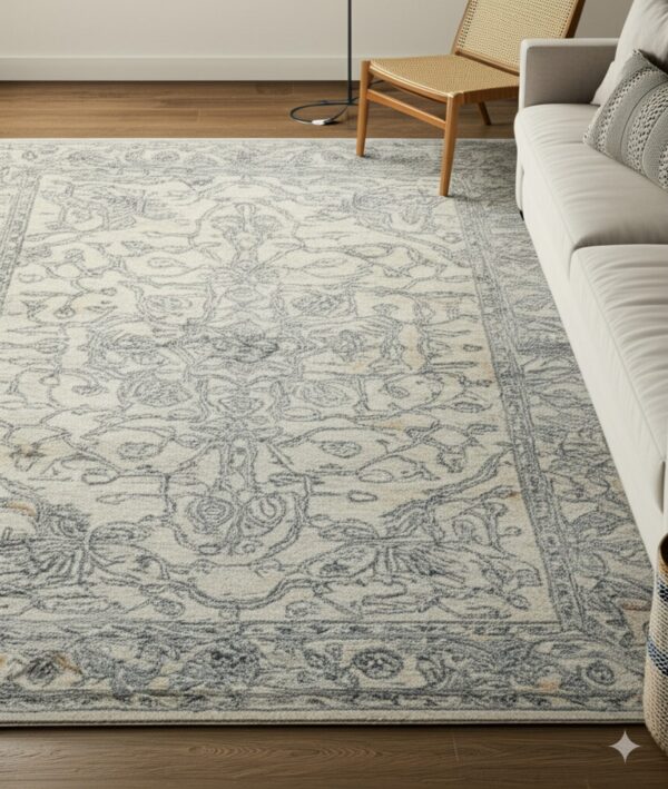 Cream and grey traditional area rug on wood flooring next to a light sofa and rattan chair.