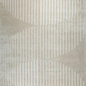Light beige rug features vertical cream stripes that curve abstractly across the tonal pile surface.