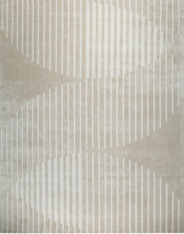 Light beige rug features vertical cream stripes that curve abstractly across the tonal pile surface.