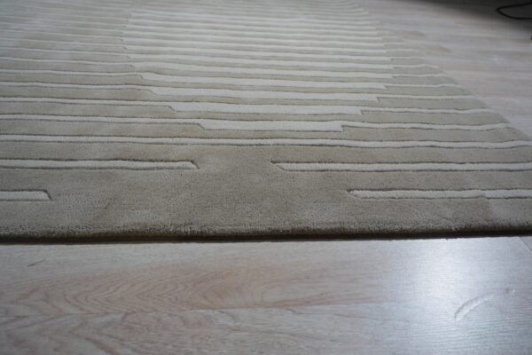 A beige textured rug with carved horizontal stripes lies on glossy light wood flooring.