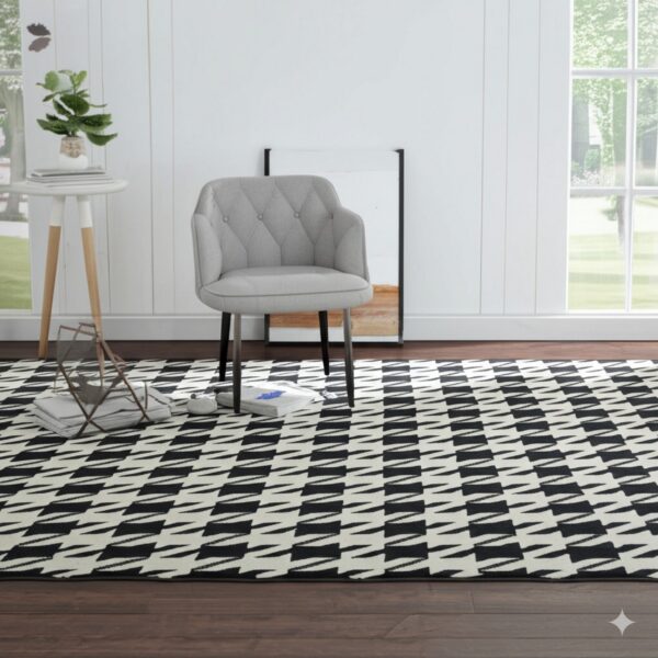 Black and off-white abstract pattern rug layered on dark wood flooring under a tufted gray chair.