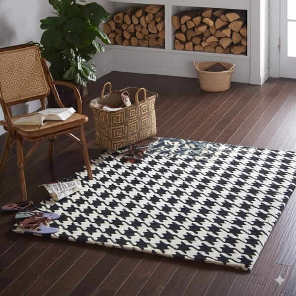 A black and off-white houndstooth rug anchors a room with dark wood floors and stacked logs.