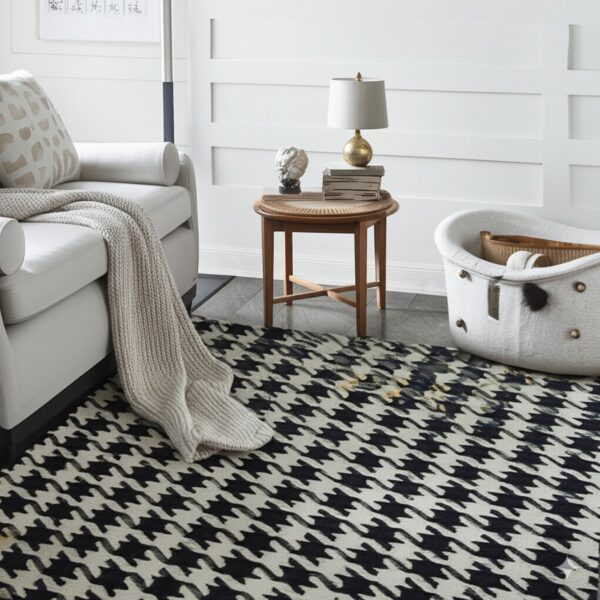 Black and off-white houndstooth rug on gray flooring beside a white armchair and a wooden table.