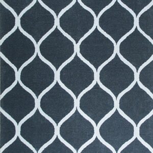 A dark gray rug with a contrasting, slightly raised white repeating ogee trellis pattern.