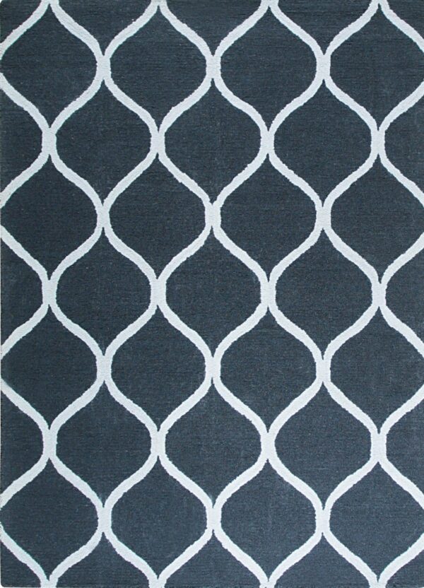 A dark gray rug with a contrasting, slightly raised white repeating ogee trellis pattern.
