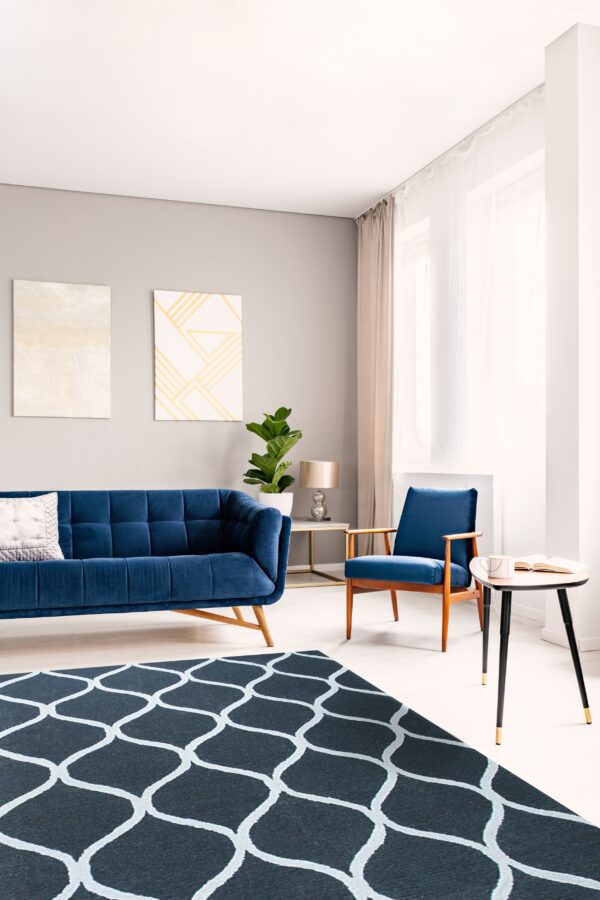 Charcoal and white ogee patterned rug on a light floor beneath a blue sofa and armchair.