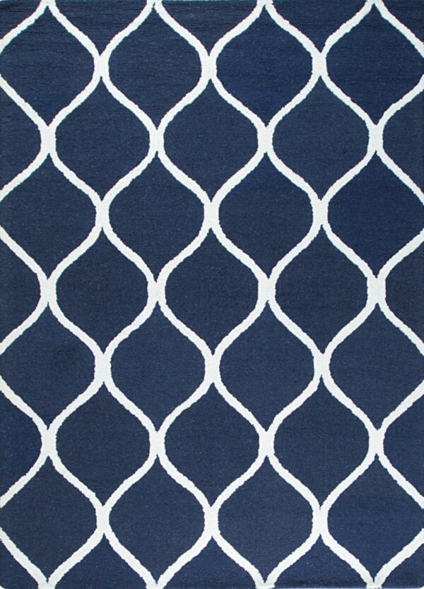 Textured navy blue rug with a contrasting white geometric ogee trellis pattern.