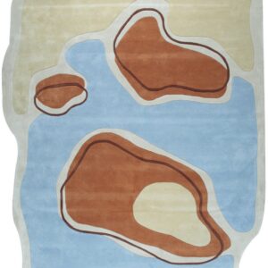 Plush area rug with an irregular shape and abstract contour pattern in blue, beige, and rust.