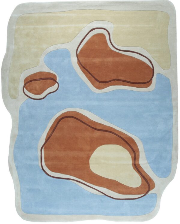 Plush area rug with an irregular shape and abstract contour pattern in blue, beige, and rust.