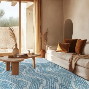 Blue and white patterned rug contrasts with a white sofa in a room featuring exposed wood beams.