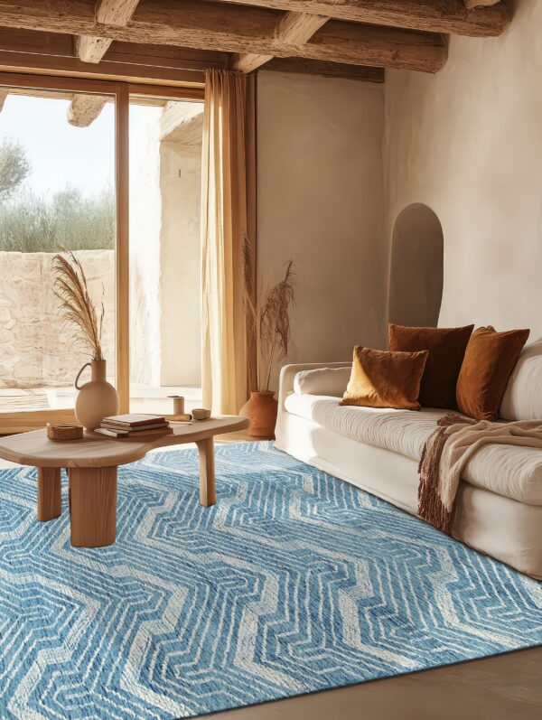 Blue and white patterned rug contrasts with a white sofa in a room featuring exposed wood beams.