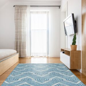 Blue and white rug featuring a detailed geometric chevron pattern covers wood flooring in a bright room.