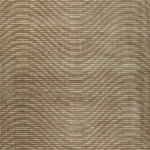 Tan and beige rug featuring horizontal broken stripes forming a subtle overall wave pattern and varied pile texture.
