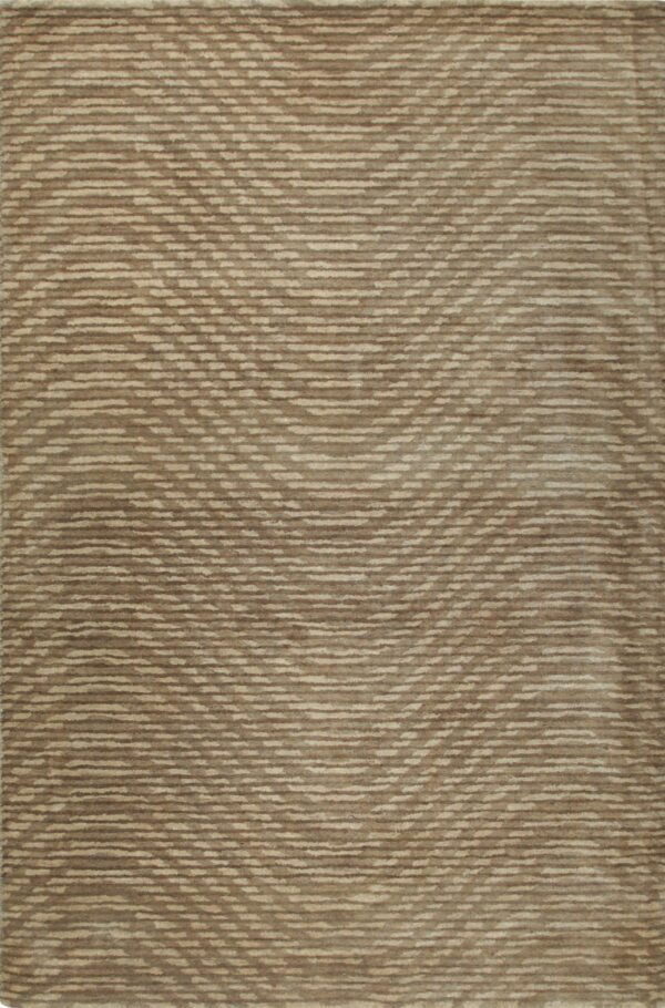 Tan and beige rug featuring horizontal broken stripes forming a subtle overall wave pattern and varied pile texture.