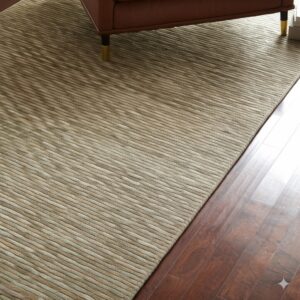 Earthy striated beige rug with textured cords rests on glossy dark wood flooring under brown furniture.