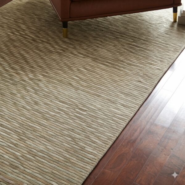 Earthy striated beige rug with textured cords rests on glossy dark wood flooring under brown furniture.
