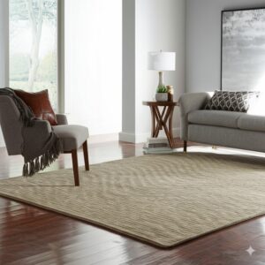 Light tan textured rug with subtle diagonal stripes layered on dark hardwood in a bright living room.