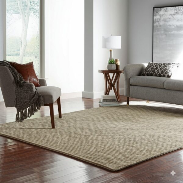 Light tan textured rug with subtle diagonal stripes layered on dark hardwood in a bright living room.