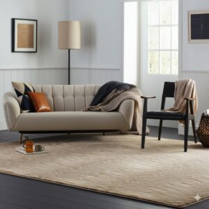 A textured beige rug featuring horizontal wavy lines covers dark wood flooring in a bright room.