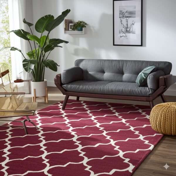 A burgundy and cream geometric trellis rug covers dark wood floors beneath a gray sofa.