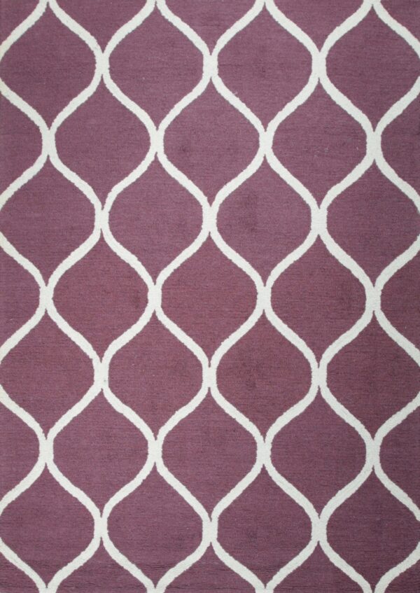 Deep purple low-medium pile rug with a contrasting white geometric trellis pattern.