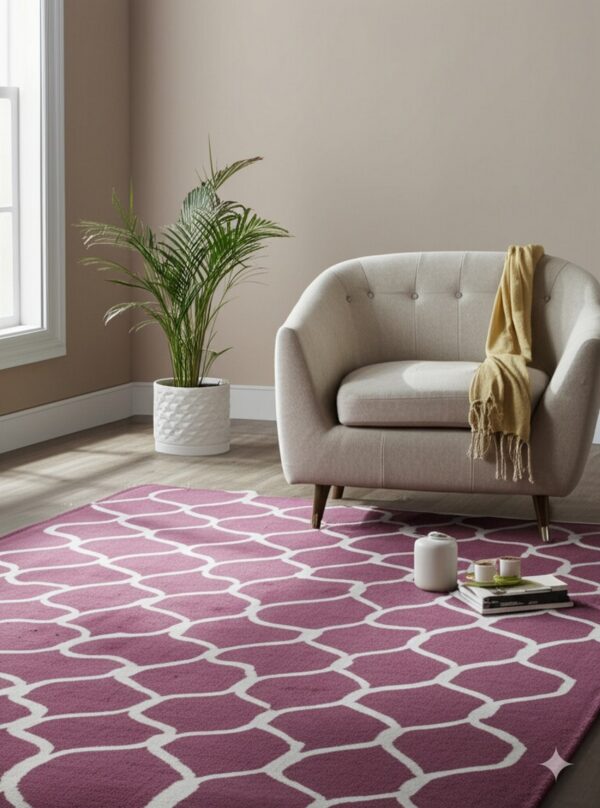 A berry and cream geometric trellis rug grounds a space with a light gray armchair on wood floors.