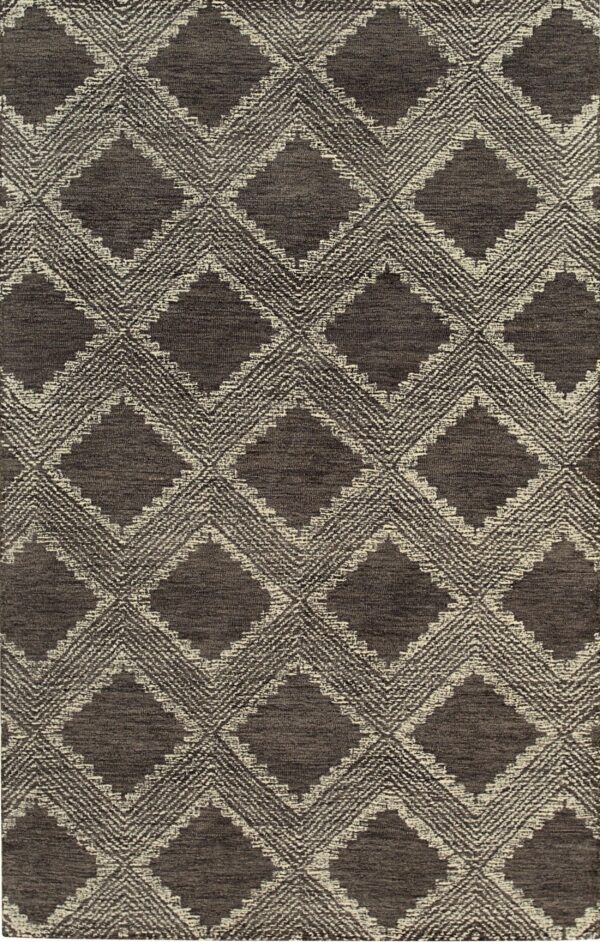 A dark charcoal gray rug features a textured light beige diamond trellis pattern.