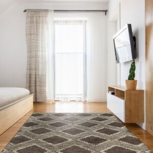 A dark brown diamond geometric rug is placed on a light wood floor in a brightly lit room.