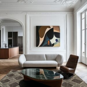 Dark brown and cream high-pile rug under a marble coffee table, white sofa, and wood flooring.