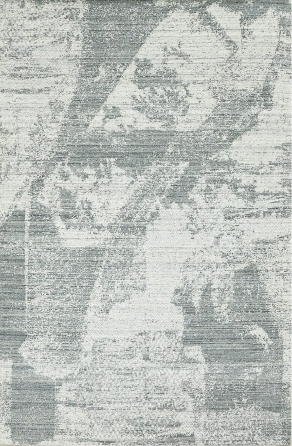 Gray and off-white abstract rug featuring a heavily distressed, mottled pattern and subtle texture variations.