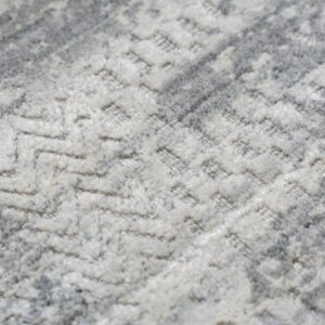 Gray and white high-pile rug detail showing a distressed abstract pattern and carved raised texture.