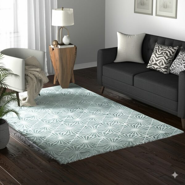 Light blue and white textured starburst pattern rug grounds a living room with dark hardwood floors and grey seating.