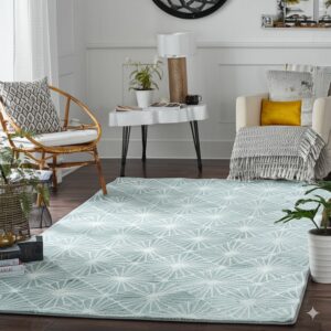 Geometric light blue and white rug with starburst patterns in a bright living room setting on dark wood floors.