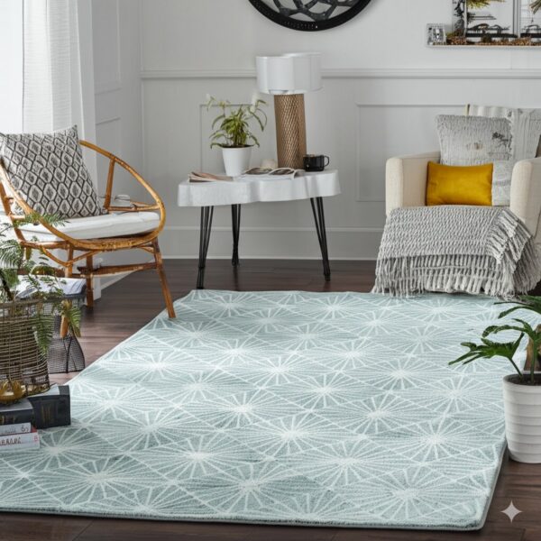 Geometric light blue and white rug with starburst patterns in a bright living room setting on dark wood floors.