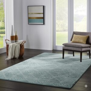A light blue rug with a repeating geometric fan pattern lies on dark wood floors beside a gray chair.