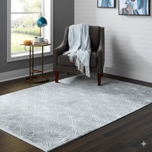 Light gray textured rug with a starburst pattern rests on dark wood flooring near a brown armchair.