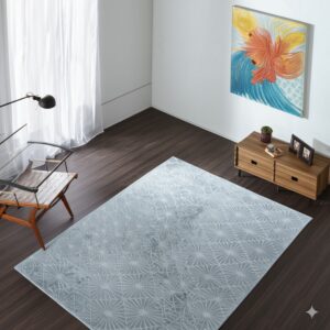 Light blue geometric area rug on dark flooring next to a wooden cabinet and abstract painting.