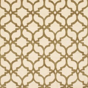 Textured rug with a cream background and a raised olive geometric trellis design.