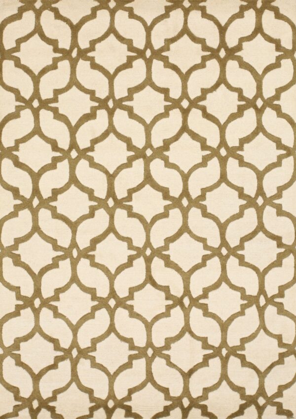 Textured rug with a cream background and a raised olive geometric trellis design.