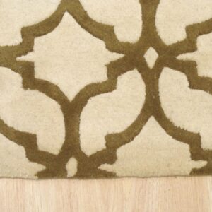 Close-up of a cut-pile rug featuring an ivory background and thick olive geometric lines on light wood flooring.